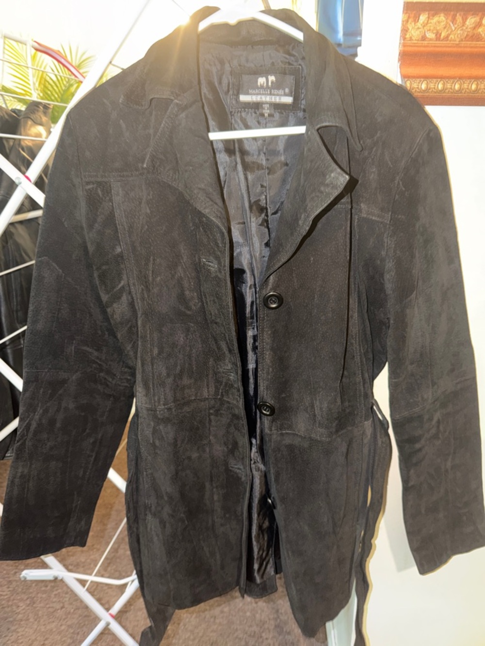 Marcelle Renee Black Suede Trench Coat with Self-Tie Waist